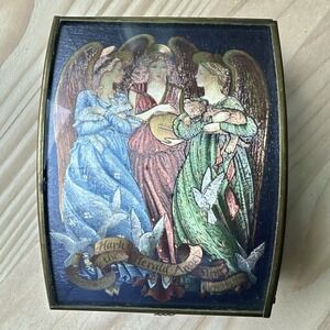 VTG Via Vermont Music Box Glass Trinket Hark The Herald Angel Sing 4" x 5" Works